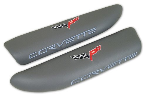 C6 Corvette Logo Embroidered Leather Armrest Pads Dark Titanium Gray