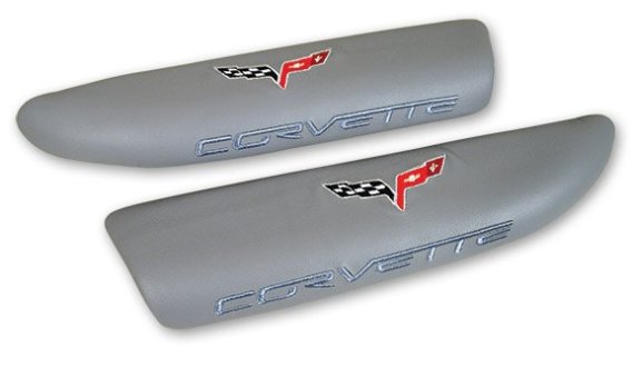 C6 Corvette Logo Embroidered Leather Armrest Pads Steel Gray