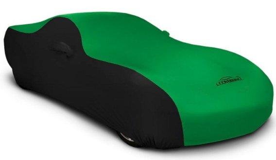 Dodge Challenger Hellcat 2 Tone Satin Stretch Car Cover Black and Synergy Green 