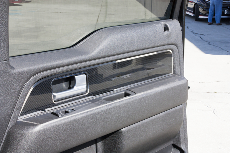 2010 - 2014 Ford Raptor F-150 Carbon Fiber Front Door Panel Inserts with Polished Trim 2pc