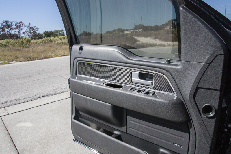 2010 - 2014 Ford Raptor F-150 Carbon Fiber Front Door Panel Inserts with Polished Trim 2pc