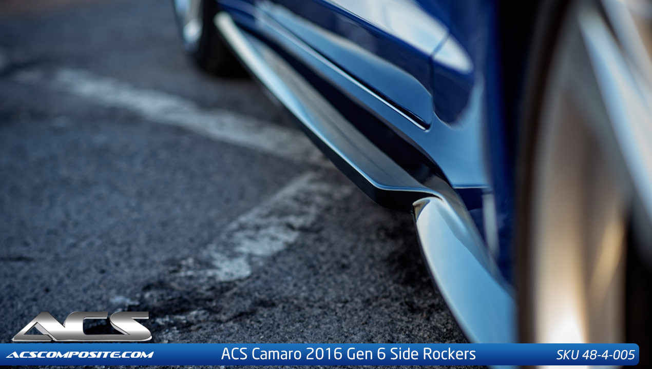 Side Rockers For The 2016 Camaro - A Perfect Design Beyond Improvement! Improve the lateral airflow of your Camaro while protecting the side bodywork from rock chipping. These brand new side rockers offer a complete compatibility with our Gen6 Splitter the splitters. Rockers are manufactured in ACS's proprietary OEM validated RTM Composite Process. It means the process has been tested and proven to withstand stringent durability standard set by your car's manufacturer, the result; a superior made product designed and tested to last. The ACS Rockers are installed over your current rocker panel, they will fit the Camaro SS V8, V6 and I4, coupe and convertible models without the GM aero package. The installation process is simple, takes just 30 minutes per side to install. There is no use of filthy adherent or two-way tape, or removal of any components from your Camaro. What Is The Importance Of Side Rockers? Airflow management and rock chip protections. The Brand New Side Rockers directly fit on the OEM rocker panels. This rocker panel plays a vital role to ensure the side bodywork is not eroded from the sticky front performance tires. You will quickly realize their sticky nature is great for its enhanced handling but will compromise the paint finish of your car. The Brand New Side Rockers For The 2016 Camaro features