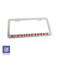 2010-2024 Camaro License Plate Frame Polished Stainless Steel Red Camaro Script