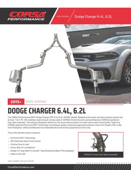Corsa 2015-2023 Charger SRT/Hellcat/Redeye 2.75in Valved Catback DRE w/ Single 4.5in Blk PVD Tips