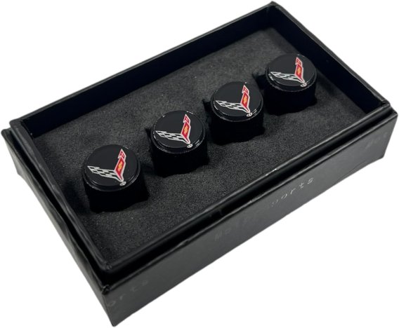 2020-2025 C8 Corvette Logo Black Valve Stem Caps - Knurled