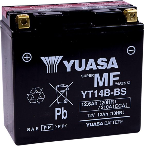 12V Yuasa YT14B-BS AGM Motorcycle Battery with Acid Bottle