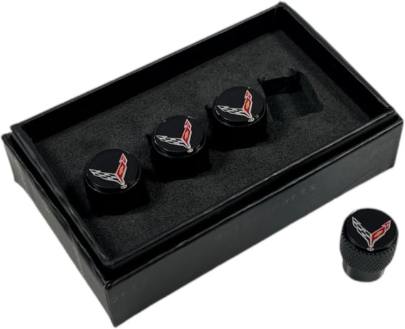 2020-2025 C8 Corvette Logo Black Valve Stem Caps - Knurled