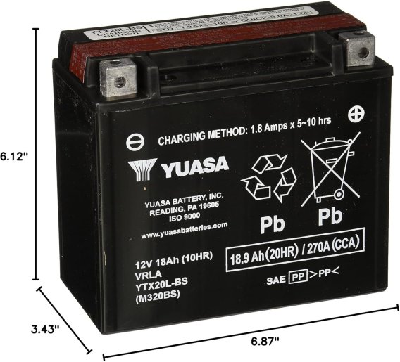 Yuasa 12V AGM Battery YTX20L-BS with Acid Bottle - Made in the USA