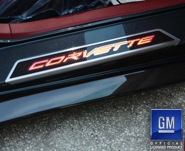 2020-2024 Corvette American Car Craft Carbon Fiber Door Sills with LED 'Corvette' Insert - Red