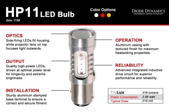 1156 LED Bulb HP11 LED Red pr Diode Dynamics DD0002P