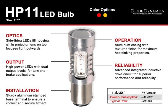 1157 LED Bulb HP11 LED Amber Single Diode Dynamics DD0010S