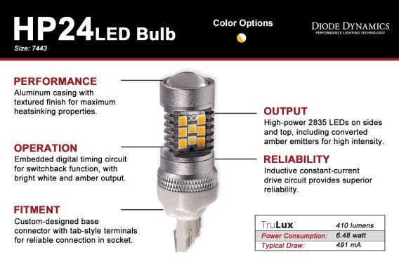 7443 LED Bulb HP24 LED Cool White Switchback Single Diode Dynamics DD0110S