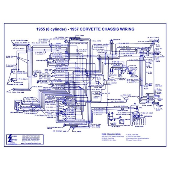 1957 Chevrolet Corvette Wiring Diagram by Lectric Limited - Fully Laminated, 22"x17"
