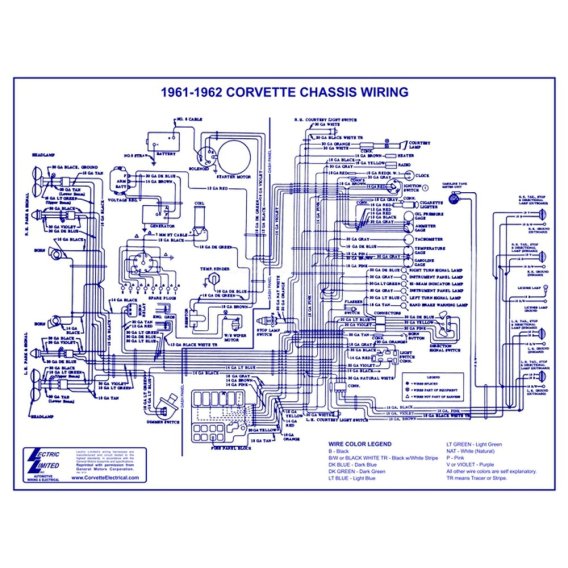1961-1962 C1 Corvette Wiring Diagram by Lectric Limited, Fully Laminated 22"x17"