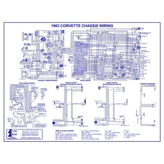 1963 C2 Corvette Wiring Diagram by Lectric Limited - Fully Laminated, 22"x17"