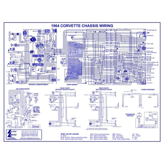 1964 C2 Corvette Lectric Limited Wiring Diagram - Fully Laminated 22"x17"
