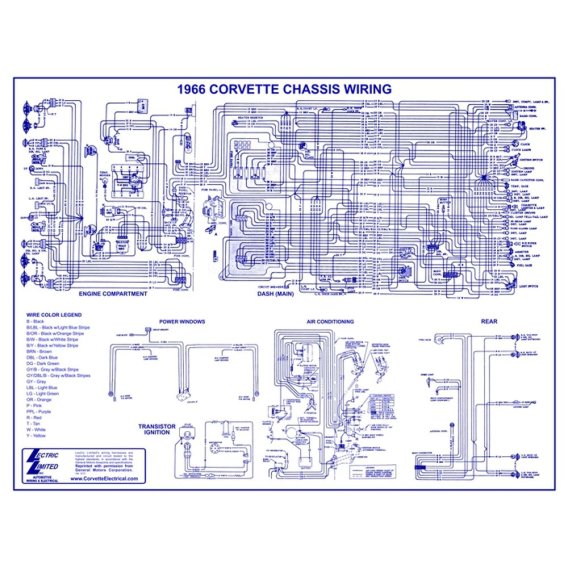 1966 C2 Corvette Wiring Diagram by Lectric Limited, Fully Laminated 22"x17"