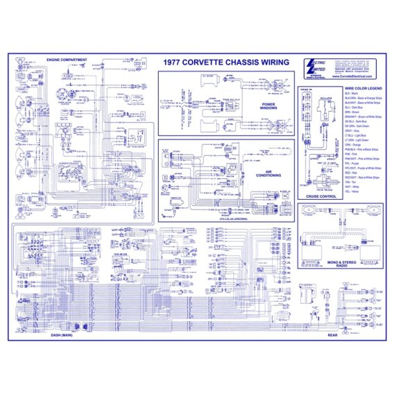 1977 C3 Corvette Fully-Laminated Wiring Diagram 26"x20" by Lectric Limited