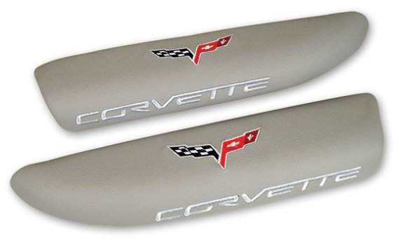 C6 Corvette Logo Embroidered Leather Armrest Pads Light Titanium Gray