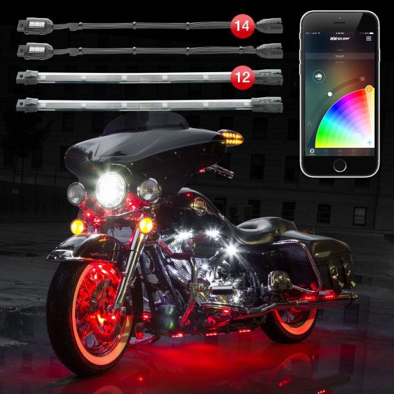 XK Glow Motorcycle LED Accent Light Kit with Bluetooth Control, 26-Piece Chrome Strip & Pod Set
