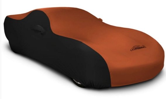 Dodge Challenger Hellcat 2 Tone Satin Stretch Car Cover Black and Inferno Orange